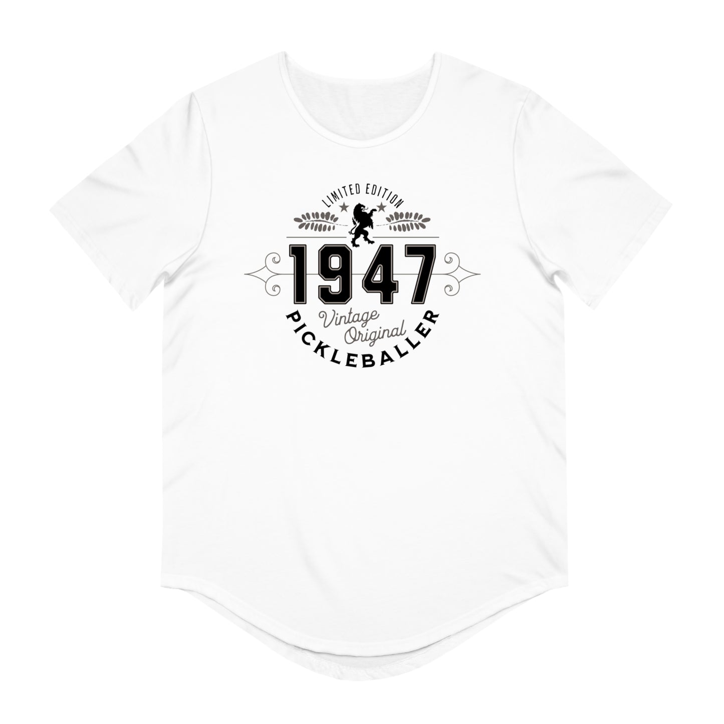 VINTAGE PICKLEBALLER 1947 (FRONT & BACK) - Men's Curved-Hem Jersey T-Shirt