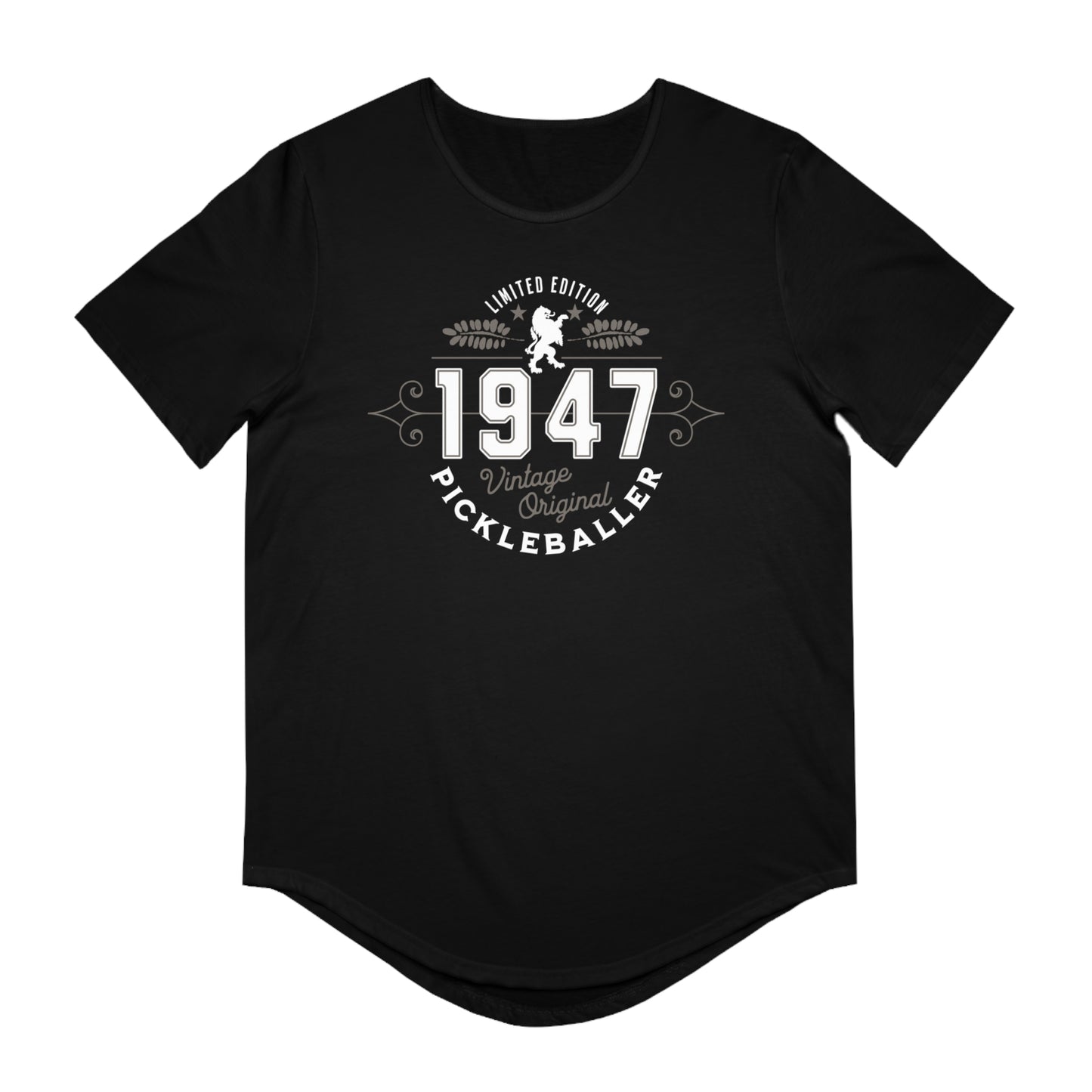 VINTAGE PICKLEBALLER 1947 (FRONT & BACK) - Men's Curved-Hem Jersey T-Shirt