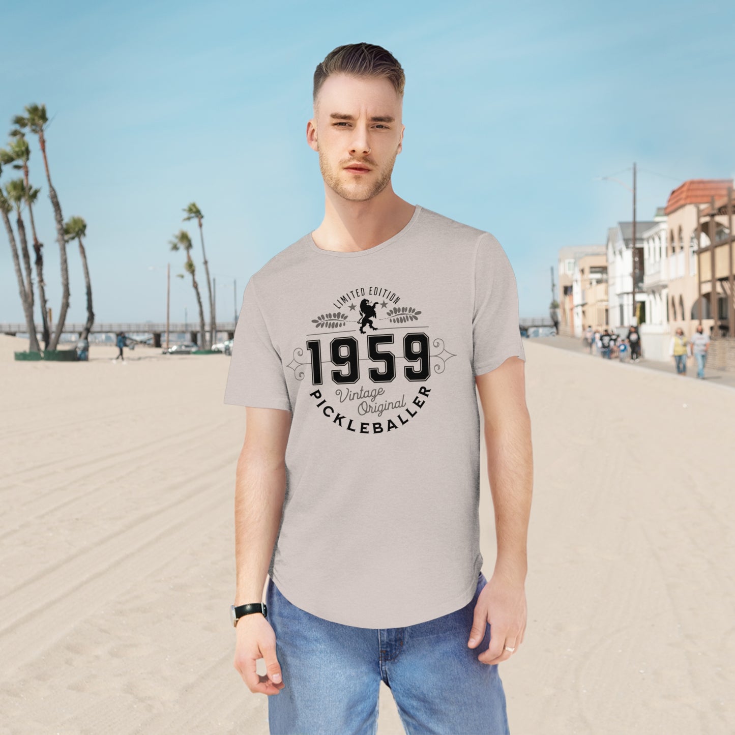 VINTAGE PICKLEBALLER 1959 (FRONT & BACK) - Men's Curved-Hem Jersey T-Shirt