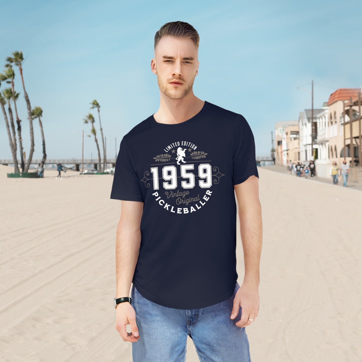 VINTAGE PICKLEBALLER 1959 (FRONT & BACK) - Men's Curved-Hem Jersey T-Shirt