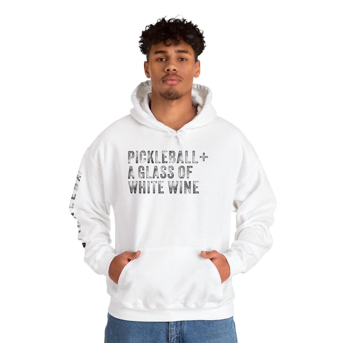 PICKLEBALL + A GLASS OF WHITE WINE, Unisex Heavy Blend™ Hooded Sweatshirt