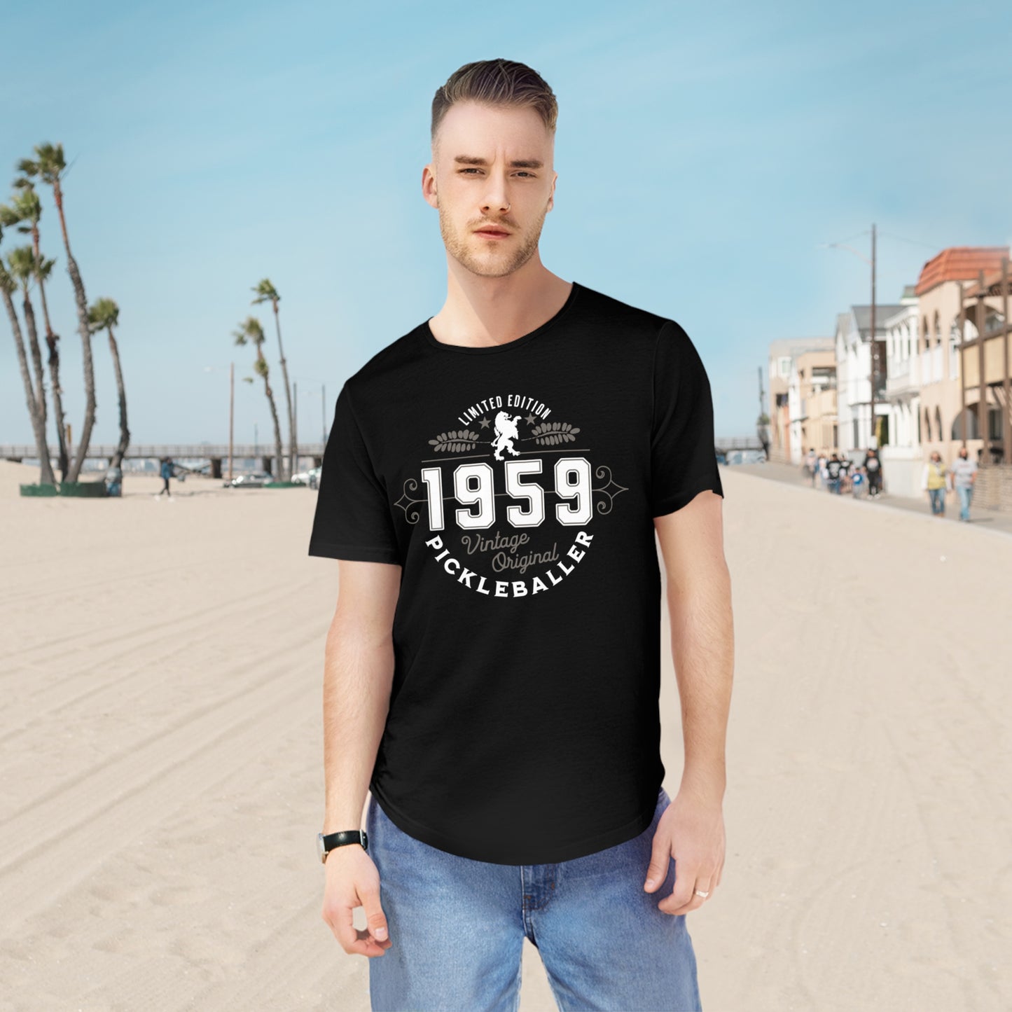 VINTAGE PICKLEBALLER 1959 (FRONT & BACK) - Men's Curved-Hem Jersey T-Shirt