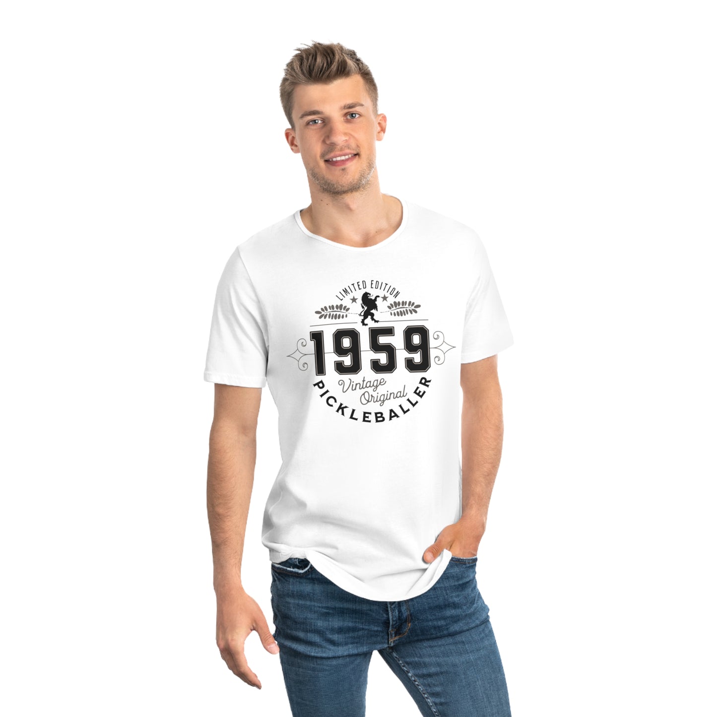 VINTAGE PICKLEBALLER 1959 (FRONT & BACK) - Men's Curved-Hem Jersey T-Shirt