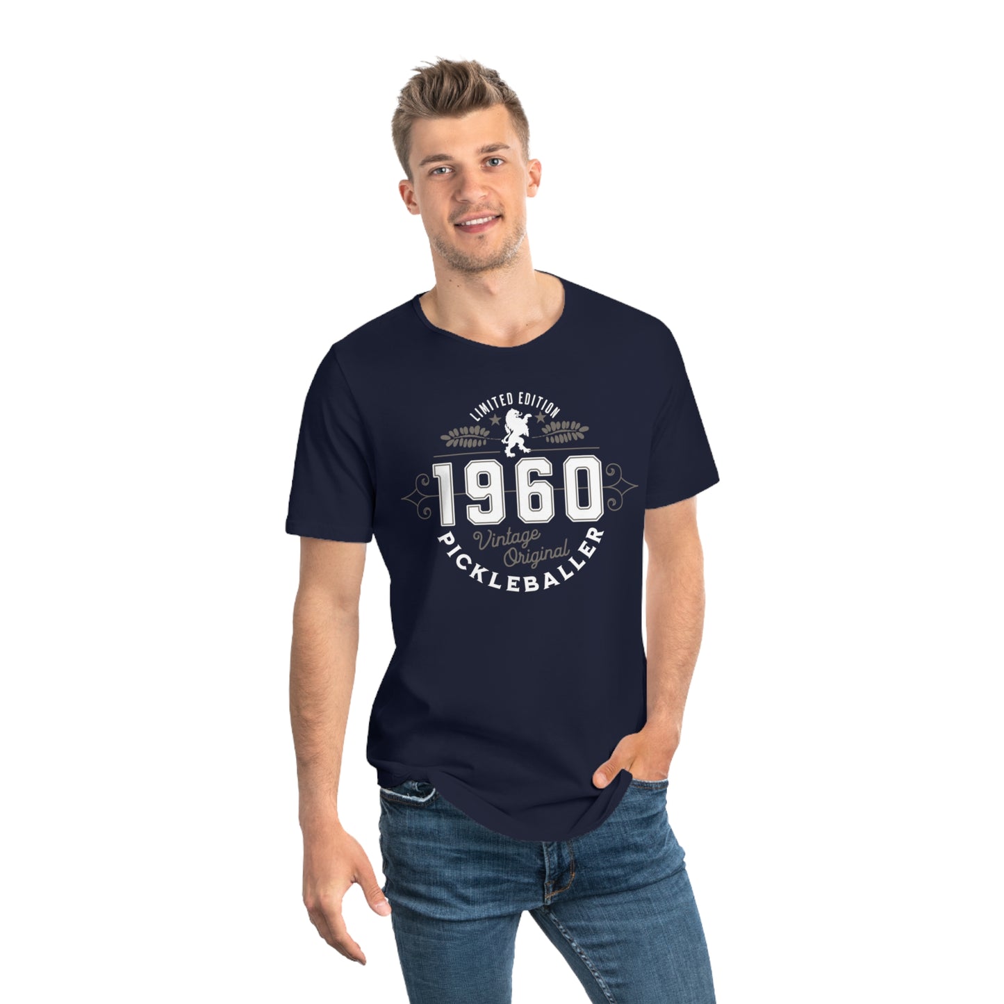 VINTAGE PICKLEBALLER 1960 (FRONT & BACK) - Men's Curved-Hem Jersey T-Shirt