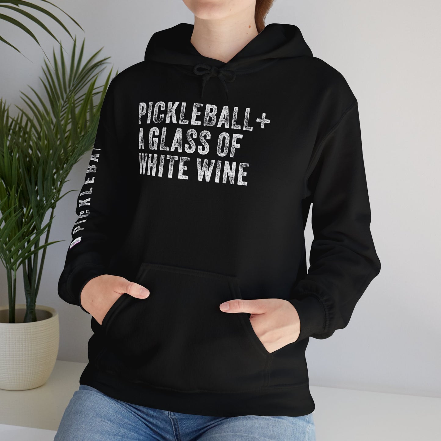 PICKLEBALL + A GLASS OF WHITE WINE, Unisex Heavy Blend™ Hooded Sweatshirt