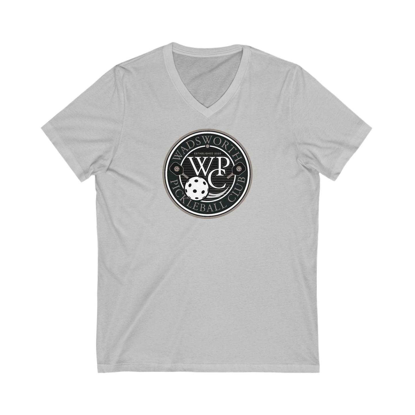 WPC GRAY LOGO V-NECK (FRONT & PICKLEBALL BACK) - Unisex Jersey Short Sleeve V-Neck Tee