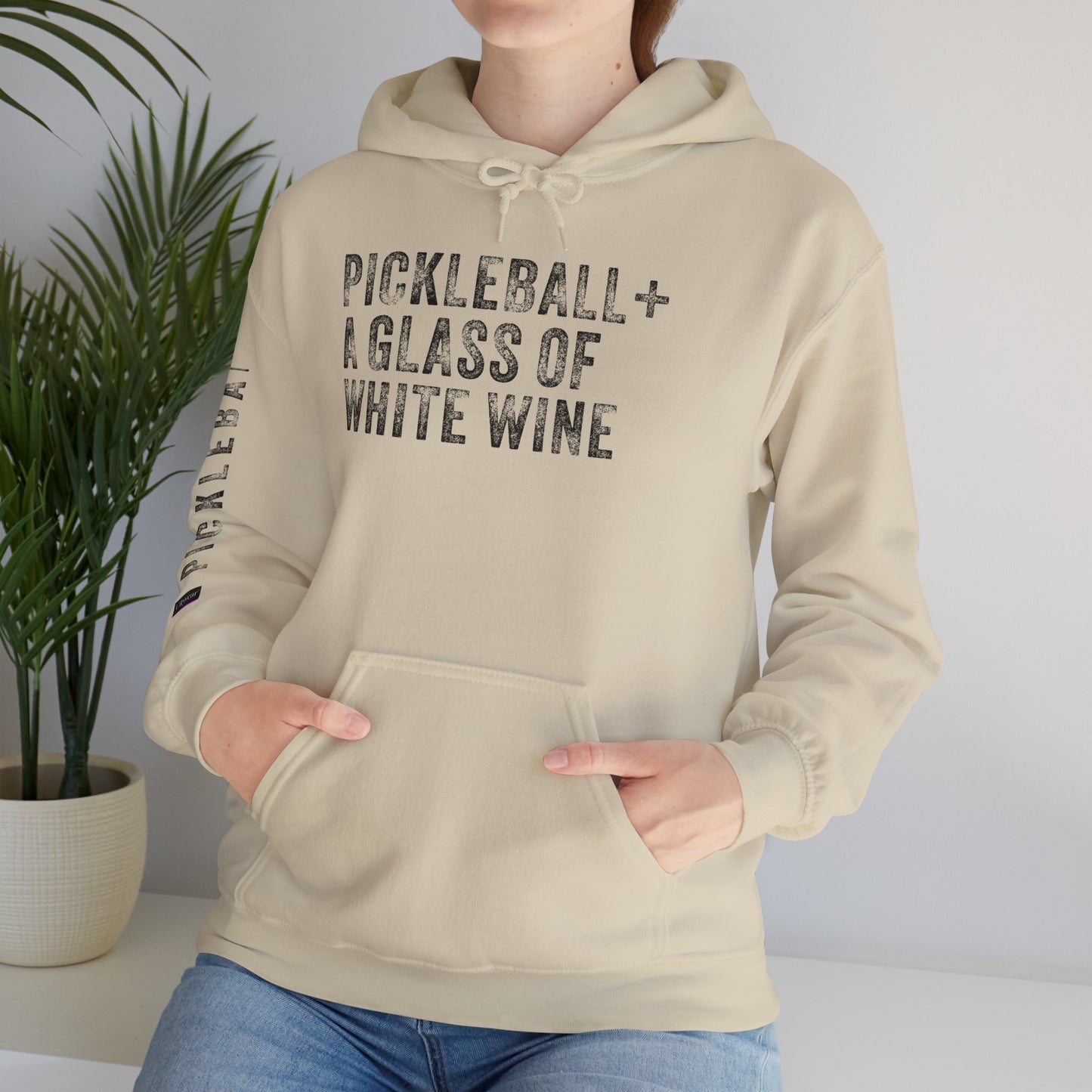 PICKLEBALL + A GLASS OF WHITE WINE, Unisex Heavy Blend™ Hooded Sweatshirt