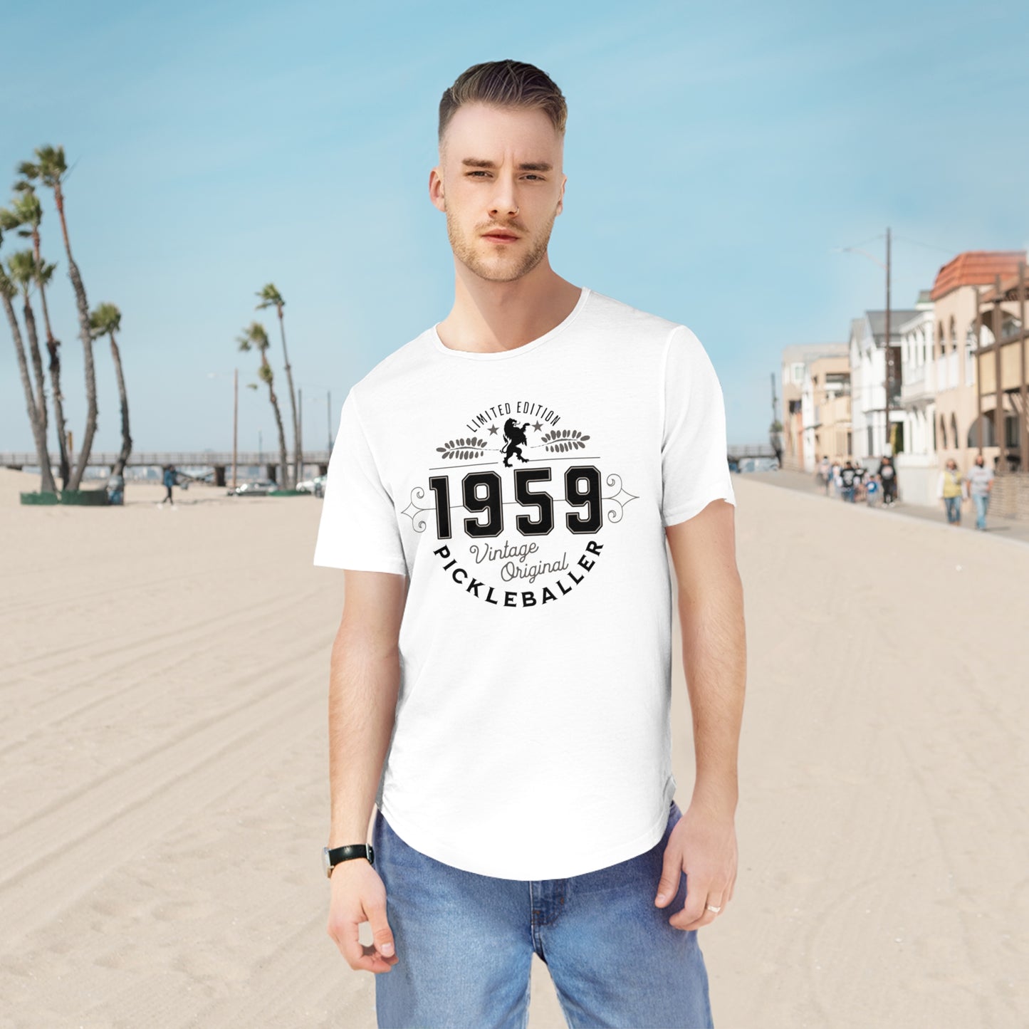 VINTAGE PICKLEBALLER 1959 (FRONT & BACK) - Men's Curved-Hem Jersey T-Shirt