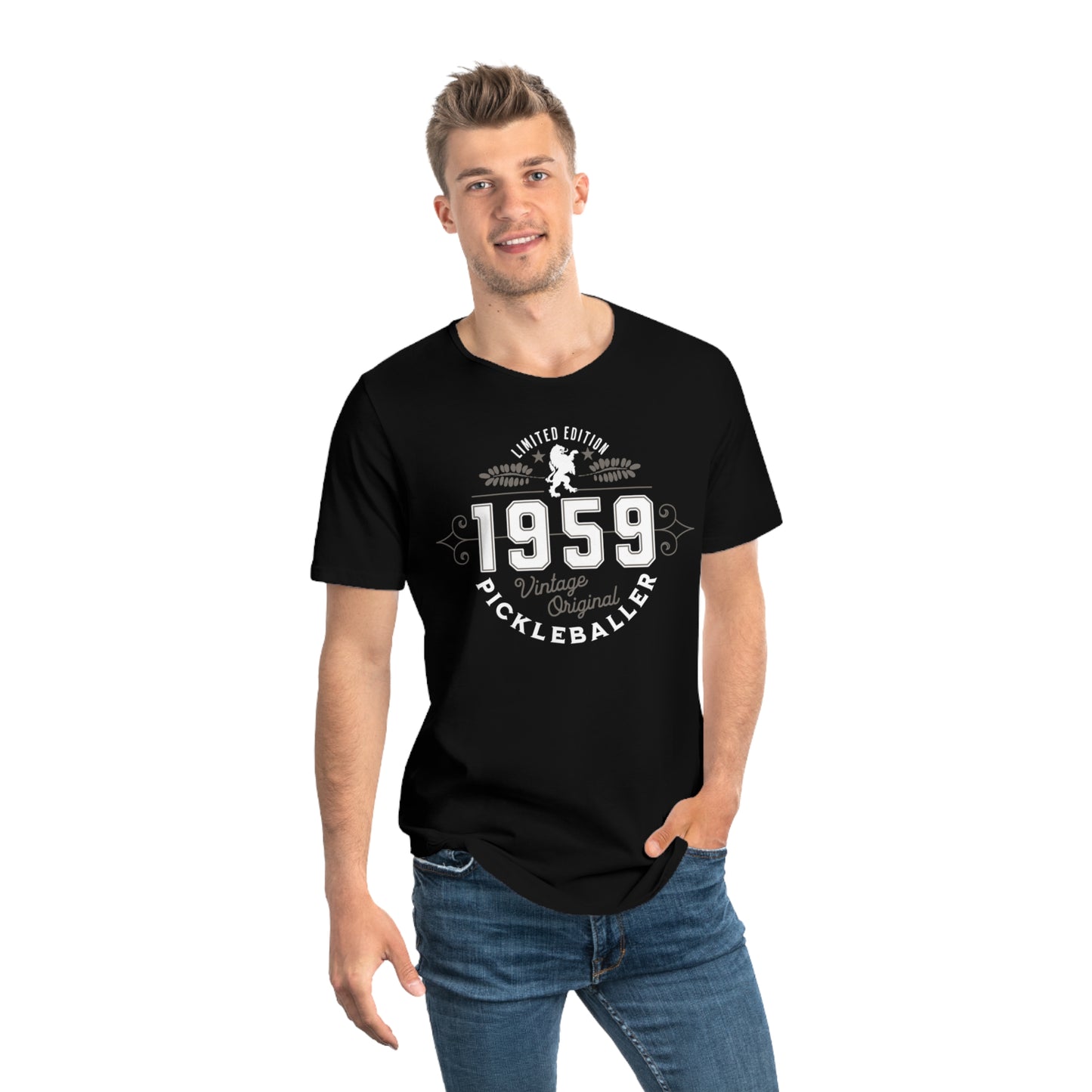 VINTAGE PICKLEBALLER 1959 (FRONT & BACK) - Men's Curved-Hem Jersey T-Shirt