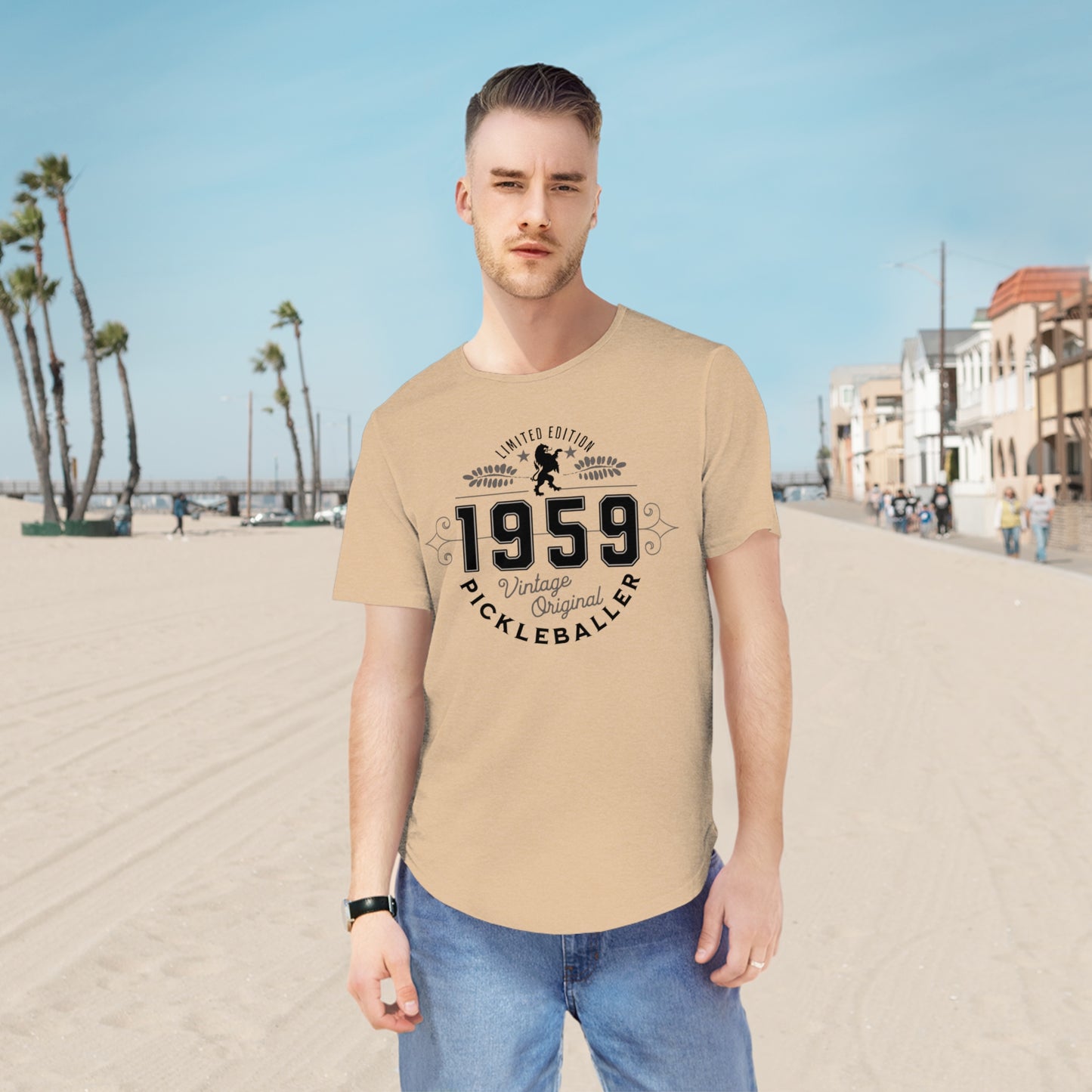 VINTAGE PICKLEBALLER 1959 (FRONT & BACK) - Men's Curved-Hem Jersey T-Shirt