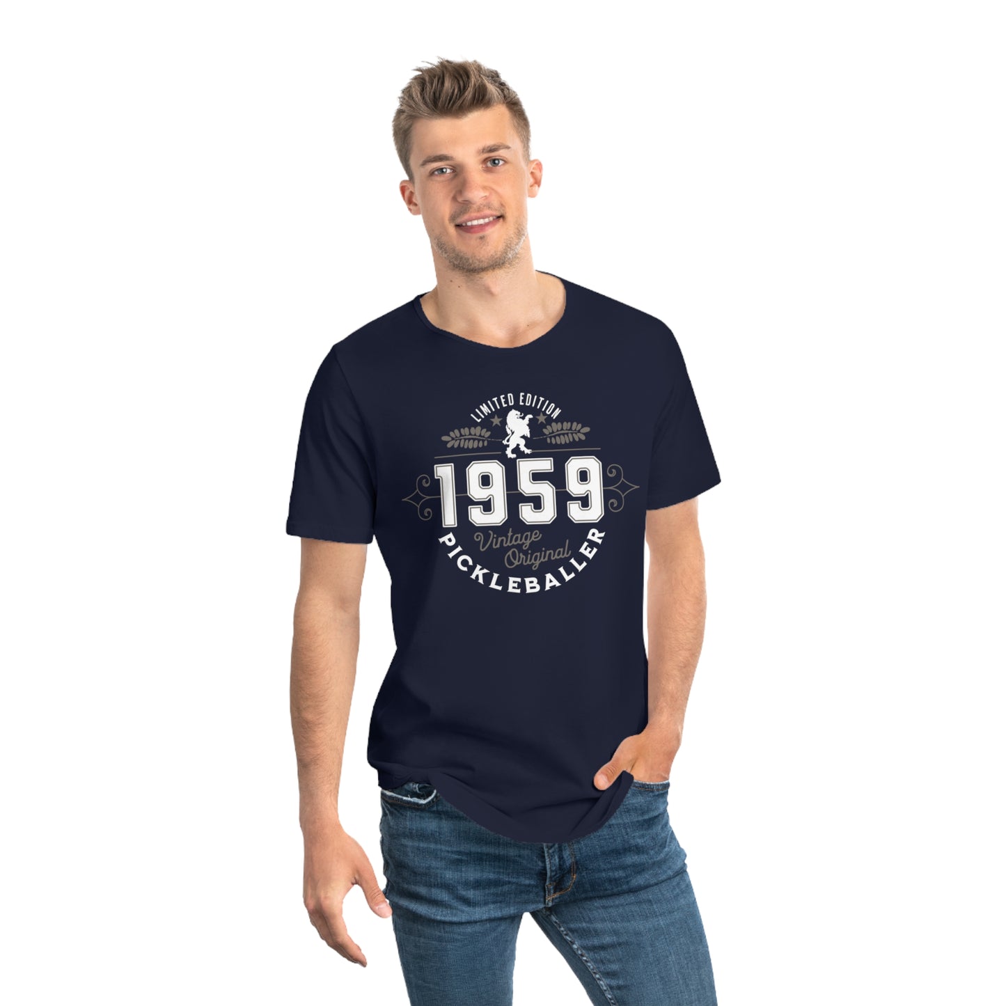 VINTAGE PICKLEBALLER 1959 (FRONT & BACK) - Men's Curved-Hem Jersey T-Shirt