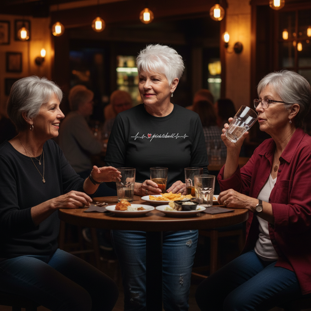 Candid photo of woman with friends at bar table