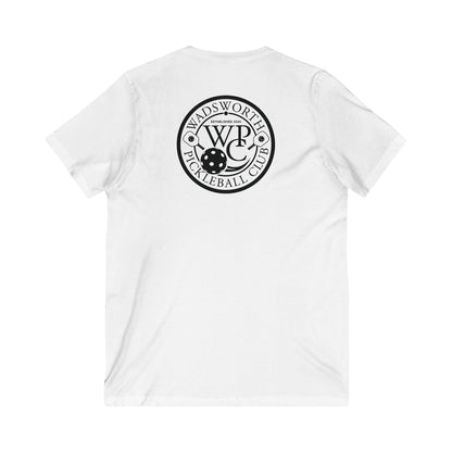 WPC WHITE-BLACK VERTICAL LOGO  (FRONT &  LOGO BACK) - Unisex Jersey Short Sleeve V-Neck Tee