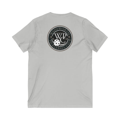 WPC GRAY VERTICAL LOGO  (FRONT &  LOGO BACK) - Unisex Jersey Short Sleeve V-Neck Tee