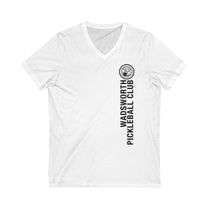 WPC WHITE-BLACK VERTICAL LOGO  (FRONT & PICKLEBALL BACK) - Unisex Jersey Short Sleeve V-Neck Tee